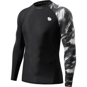 imageHUGE SPORTS Mens Rash Guard Long Sleeves UPF 50 UV Sun Protection Quick Drying Splice Compression Swim ShirtsBlack Water Wave