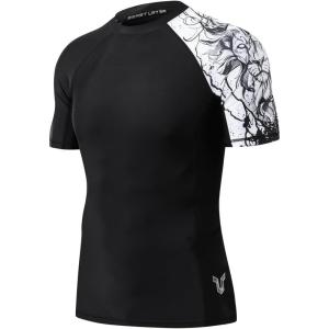 imageHUGE SPORTS Mens Splice UV Sun Protection UPF 50 Skins Rash Guard Short SleevesBlack Lion