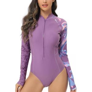 imageHUGE SPORTS Womens One Piece Swimsuits Long Sleeve Rash Guard Shirts Swim Bathing Suit with PaddingPurple Cobra