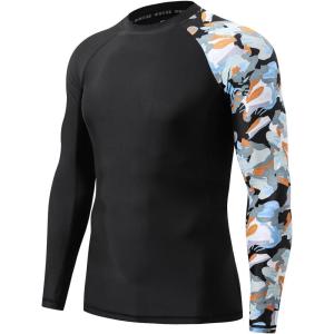 imageHUGE SPORTS Mens Rash Guard Long Sleeves UPF 50 UV Sun Protection Quick Drying Splice Compression Swim ShirtsCamo Black
