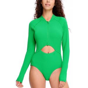 imageHUGE SPORTS Womens One Piece Swimsuits Cutout High Cut Bathing Suit Long Sleeve Swimwear Rash Guard for WomenGreen