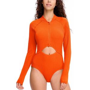 imageHUGE SPORTS Womens One Piece Swimsuits Cutout High Cut Bathing Suit Long Sleeve Swimwear Rash Guard for WomenOrange
