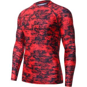 imageHUGE SPORTS Mens UV Sun Protection UPF 50 Full Digital Print Rash Guard Long Sleeves Pixel Red XL