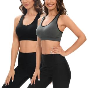 imageHUGE SPORTS Women Racerback Sports Bras 2 Pack Seamless Medium Impact Yoga Gym Workout BraBlack Grey