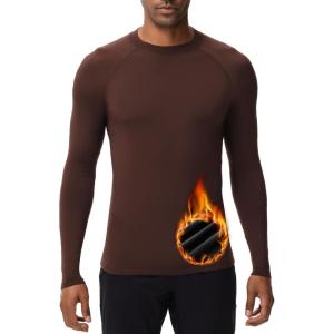 imageHUGE SPORTS Thermal Underwear for Men Long Sleeve Thermal Shirts Fleece Lined Compression Base Layer Thermal Underwear TopDarkbrown Crewneck