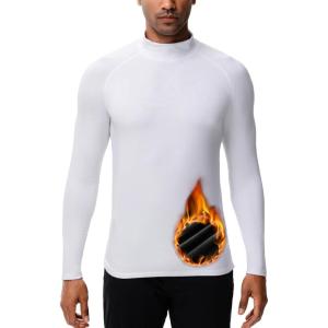 imageHUGE SPORTS Thermal Underwear for Men Long Sleeve Thermal Shirts Fleece Lined Compression Base Layer Thermal Underwear TopWhite Turtlenecks