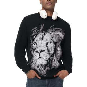 imageHUGE SPORTS Mens Graphic Print Sweater 100 Soft Cotton Knit Crewneck Pullover Long Sleeve Casual Winter Top Unisex SweatersBlack Lion