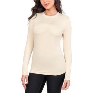 imageHUGE SPORTS Thermal Shirts for Women Long Sleeve Fleece Tops Workout Running Base Layer Slim Fit Cold Weather GearKhaki