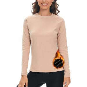 image:imageHUGE SPORTS Women Thermal Fleece Top Shirts Workout Pullover Tops Thermal Underwear Tops for Winter Keep WarmBeige